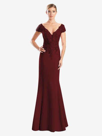 バーガンディーマザードレス Vネック 半袖 マーメイドレース ゲストドレス 結婚式用