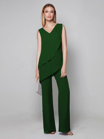 ダークグリーンパーティードレス 花嫁の母用 Vネック ノースリーブ ジャンプスーツ 床までの長さのゲストドレス 結婚式用