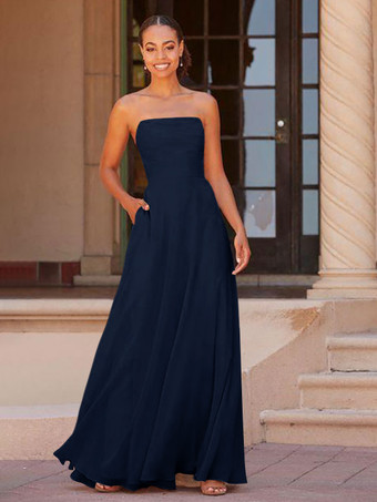 ダークネイビーブライドメイドドレス A ライン床長さのジッパー シフォン プロムドレス無料カスタマイズ
