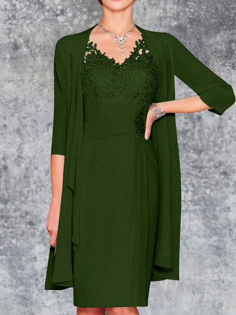 ダークグリーンマザードレス Vネック ノースリーブ シース レース 膝丈 ゲストドレス 結婚式用 無料カスタマイズ