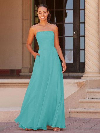 ブルーグリーンブライドメイドドレス A ライン床長さのジッパー シフォン プロムドレス無料カスタマイズ