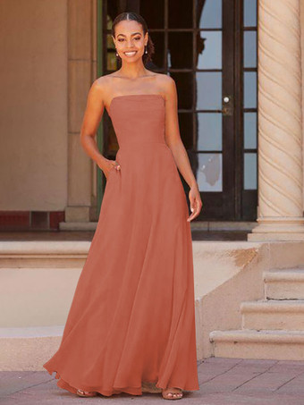 サーモンピンクブライドメイドドレス A ライン床長さのジッパー シフォン プロムドレス無料カスタマイズ