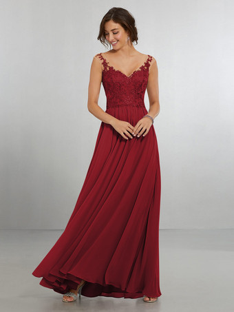 BordeauxAbito da damigella d'onore Abito da cerimonia nuziale a trapezio in chiffon lungo fino al pavimento