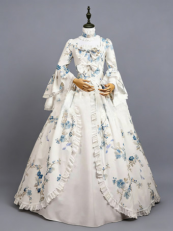 ホワイト ホワイト レトロ コスチューム 弓 ポリエステル 花柄 マリー アントワネット コスチューム ドレス 女性用 レトロ チュニック 仮面舞踏会 夜会服