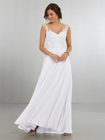 BiancoAbito da damigella d'onore Abito da cerimonia nuziale a trapezio in chiffon lungo fino al pavimento