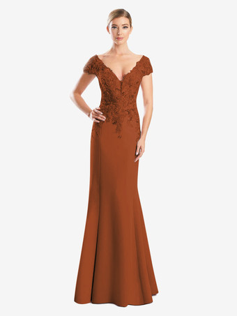 ブリックレッドマザードレス Vネック 半袖 マーメイドレース ゲストドレス 結婚式用