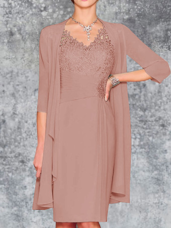 サーモンピンクマザードレス Vネック ノースリーブ シース レース 膝丈 ゲストドレス 結婚式用 無料カスタマイズ