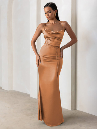 ブリックレッドブライズメイドドレス シース床長さのジッパーサテン生地のフォーマルガウン