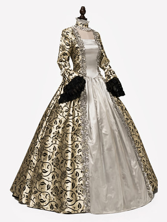 プリンセス 女性用 貴族ドレス 中世 ドレス ゴールド 長袖 ポリエステル 綿じゅす ダンスパーティー チョーカー ドレス ヴィンテージ 中世 ドレス・貴族ドレス ヨーロッパ　宮廷風 レトロコスチューム コスチューム コスチューム