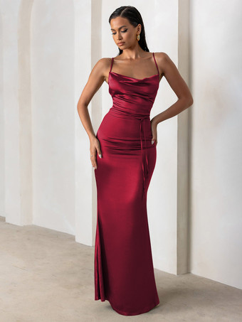 バーガンディーブライズメイドドレス シース床長さのジッパーサテン生地のフォーマルガウン