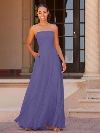 スレートグレー ブライドメイドドレス A ライン床長さのジッパー シフォン プロムドレス無料カスタマイズ