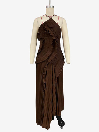 ホルターネックのフリル付きシフォンマキシドレス（イレギュラーヘム）2026年スペシャルイベント向け