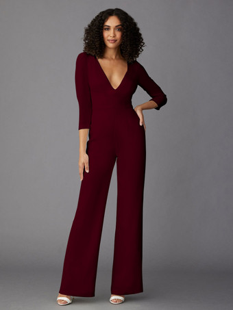 バーガンディーパーティードレス 花嫁の母用 Vネック 長袖 ジャンプスーツ 結婚式のゲストドレス