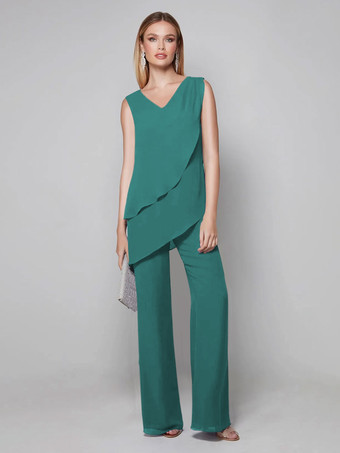 ティールパーティードレス 花嫁の母用 Vネック ノースリーブ ジャンプスーツ 床までの長さのゲストドレス 結婚式用