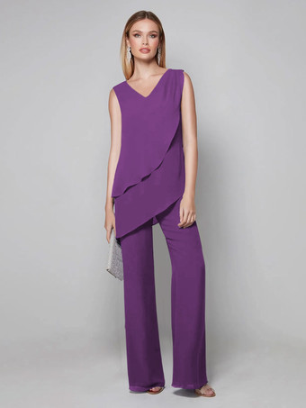 バイオレットパーティードレス 花嫁の母用 Vネック ノースリーブ ジャンプスーツ 床までの長さのゲストドレス 結婚式用