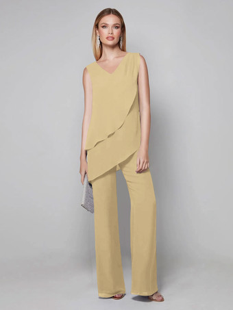 バニラクリームパーティードレス 花嫁の母用 Vネック ノースリーブ ジャンプスーツ 床までの長さのゲストドレス 結婚式用