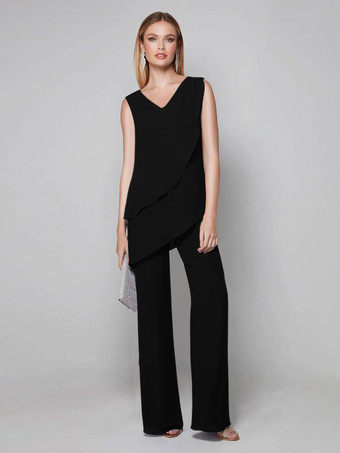 ブラックパーティードレス 花嫁の母用 Vネック ノースリーブ ジャンプスーツ 床までの長さのゲストドレス 結婚式用