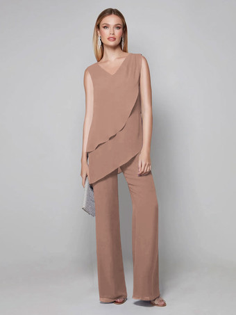 サーモンピンクパーティードレス 花嫁の母用 Vネック ノースリーブ ジャンプスーツ 床までの長さのゲストドレス 結婚式用