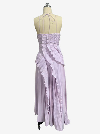 ホルターネックのフリル付きシフォンマキシドレス（イレギュラーヘム）2026年スペシャルイベント向け