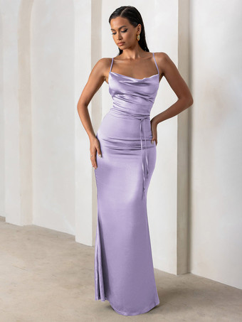 ラベンダーブライズメイドドレス シース床長さのジッパーサテン生地のフォーマルガウン