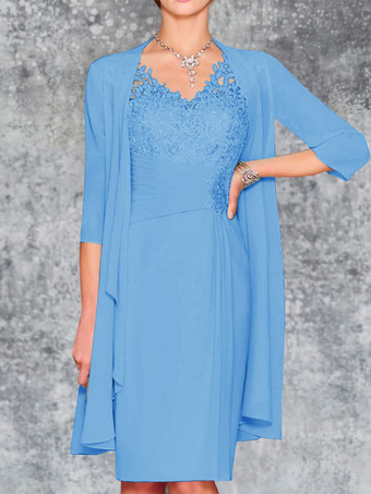 ベビーブルーマザードレス Vネック ノースリーブ シース レース 膝丈 ゲストドレス 結婚式用 無料カスタマイズ