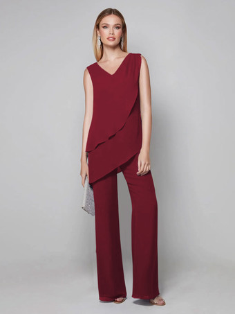 バーガンディーパーティードレス 花嫁の母用 Vネック ノースリーブ ジャンプスーツ 床までの長さのゲストドレス 結婚式用