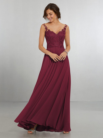 Rosso MarroneAbito da damigella d'onore Abito da cerimonia nuziale a trapezio in chiffon lungo fino al pavimento