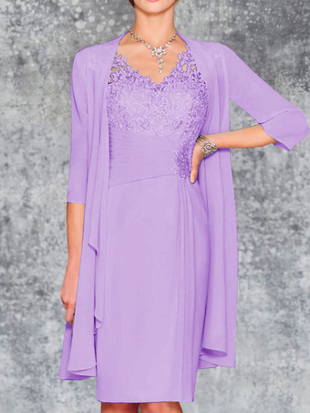 ラベンダーマザードレス Vネック ノースリーブ シース レース 膝丈 ゲストドレス 結婚式用 無料カスタマイズ