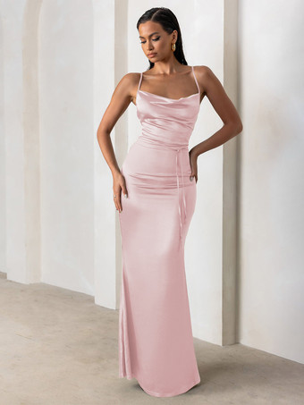 ソフトピンクブライズメイドドレス シース床長さのジッパーサテン生地のフォーマルガウン