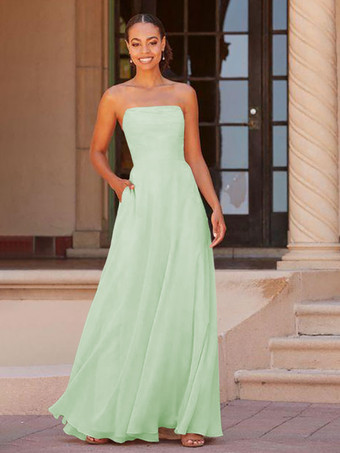 パステルグリーンブライドメイドドレス A ライン床長さのジッパー シフォン プロムドレス無料カスタマイズ