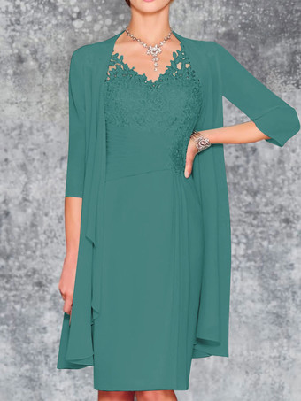 ターコイズグリーンマザードレス Vネック ノースリーブ シース レース 膝丈 ゲストドレス 結婚式用 無料カスタマイズ