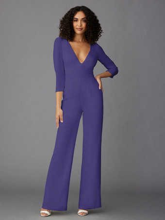 スレートグレー パーティードレス 花嫁の母用 Vネック 長袖 ジャンプスーツ 結婚式のゲストドレス