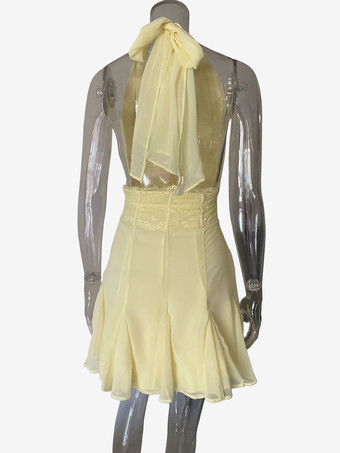 Mini abito da festa in chiffon plissettato con scollo a V profondo e pizzo per donna 2026