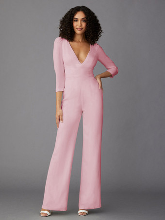 ソフトピンクパーティードレス 花嫁の母用 Vネック 長袖 ジャンプスーツ 結婚式のゲストドレス