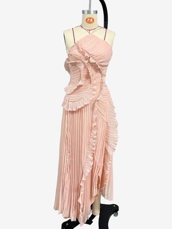 ホルターネックのフリル付きシフォンマキシドレス（イレギュラーヘム）2026年スペシャルイベント向け