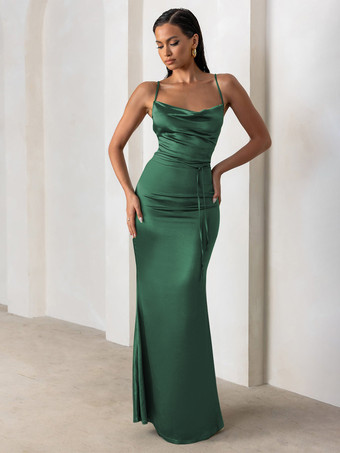ダークグリーンブライズメイドドレス シース床長さのジッパーサテン生地のフォーマルガウン