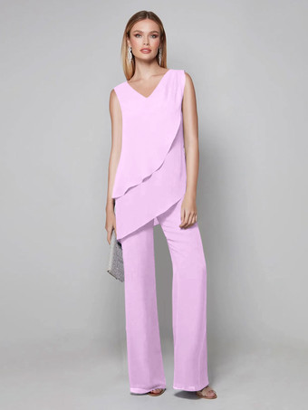 ソフトピンクパーティードレス 花嫁の母用 Vネック ノースリーブ ジャンプスーツ 床までの長さのゲストドレス 結婚式用