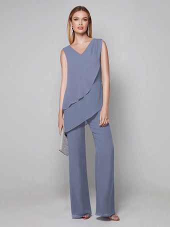 スレートグレー パーティードレス 花嫁の母用 Vネック ノースリーブ ジャンプスーツ 床までの長さのゲストドレス 結婚式用