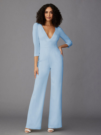 ベビーブルーパーティードレス 花嫁の母用 Vネック 長袖 ジャンプスーツ 結婚式のゲストドレス