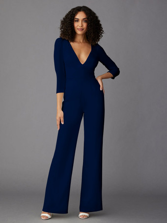 ダークネイビーパーティードレス 花嫁の母用 Vネック 長袖 ジャンプスーツ 結婚式のゲストドレス