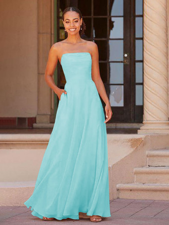 パステルブルーブライドメイドドレス A ライン床長さのジッパー シフォン プロムドレス無料カスタマイズ