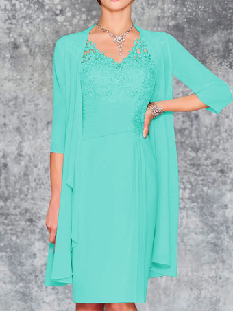 ティールマザードレス Vネック ノースリーブ シース レース 膝丈 ゲストドレス 結婚式用 無料カスタマイズ