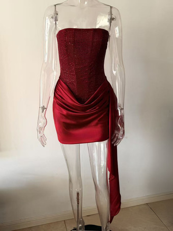 Vestido mini ajustado con corsé y drapeado lateral de diamantes de imitación para mujer 2026