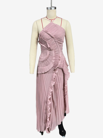 ホルターネックのフリル付きシフォンマキシドレス（イレギュラーヘム）2026年スペシャルイベント向け