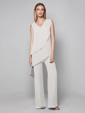 アイボリーパーティードレス 花嫁の母用 Vネック ノースリーブ ジャンプスーツ 床までの長さのゲストドレス 結婚式用