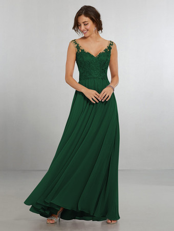 Verde ScuroAbito da damigella d'onore Abito da cerimonia nuziale a trapezio in chiffon lungo fino al pavimento