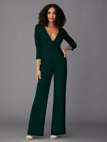グリーン パーティードレス 花嫁の母用 Vネック 長袖 ジャンプスーツ 結婚式のゲストドレス