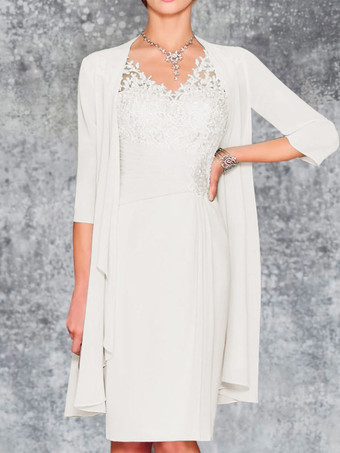 アイボリーマザードレス Vネック ノースリーブ シース レース 膝丈 ゲストドレス 結婚式用 無料カスタマイズ