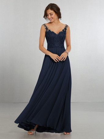 Blu Marino ScuroAbito da damigella d'onore Abito da cerimonia nuziale a trapezio in chiffon lungo fino al pavimento