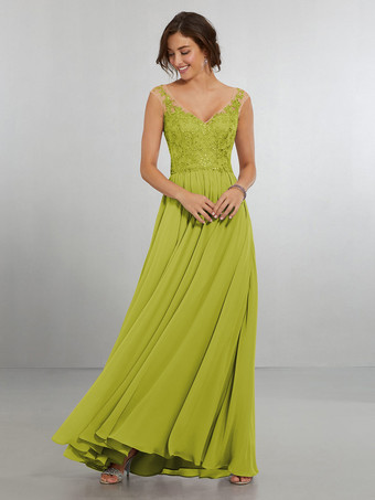 Verde AvocadoAbito da damigella d'onore Abito da cerimonia nuziale a trapezio in chiffon lungo fino al pavimento